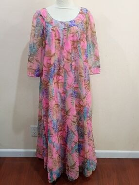 Kiyomi Hawaii Liberty House Mumu Chiffon Maxi Dress, Size 16 - Vintage 60s / 70s